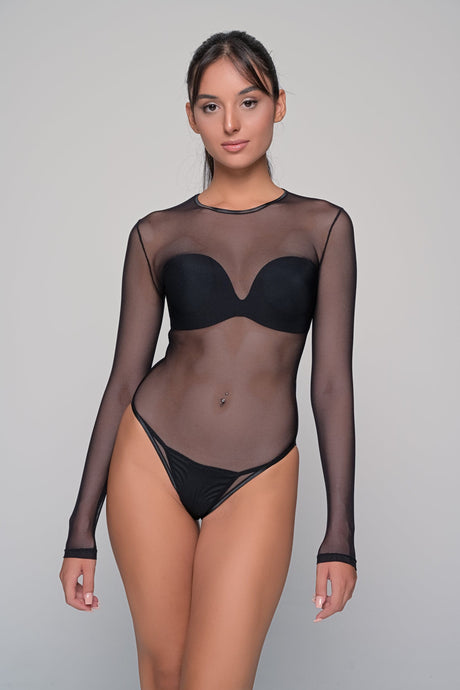 «EVAUNDERWEAR - γυναικείο κορμάκι - Milena Paris 2171 - διαφανές see-through body τούλι με μακριά μανίκια και άνοιγμα με τρουκς στο κάτω μέρος
