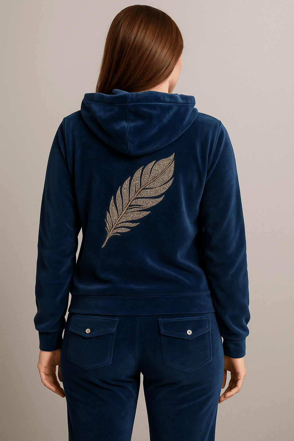 Velvet Feather – Γυναικεία βελουτέ φόρμα Secret Point σε μπλε χρώμα με σχέδιο φτερού στην πλάτη | evaunderwear
